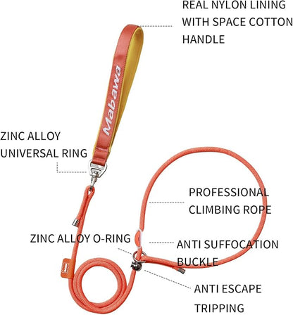 Dog Anti-Slip Leash 5FT with Metal Stopper - Durable No-Pull Training Lead for Small, Medium & Large Dogs - Comfortable Handle Nylon Rope, Tangle-Free Pet Walking Leash (Orange, 5.6FT)