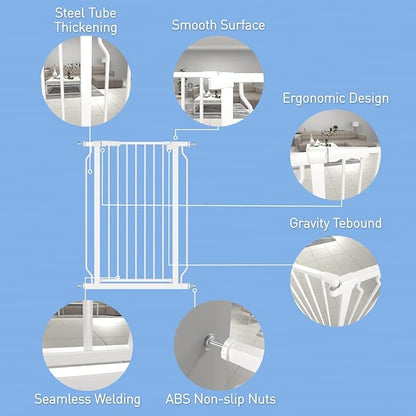 WAOWAO Extra Tall 40.55" Baby Gate 57.48-74.4" Wide Pressure Mounted Walk Through Swing Auto Close Safety White Metal Toddler Child Dog Pet for Indoor Stairs,Doorways,Kitche