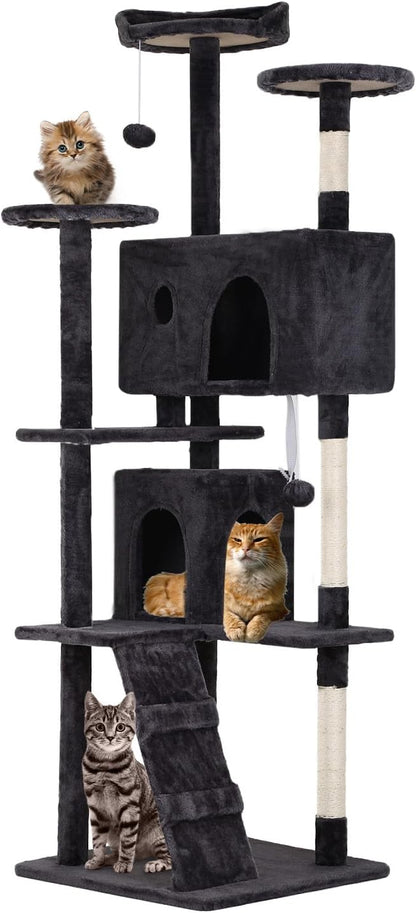 70" Dark Gray XL Cat Tower for Indoor Cats – Multi-Level Condo with Scratching Posts & Hanging Toys