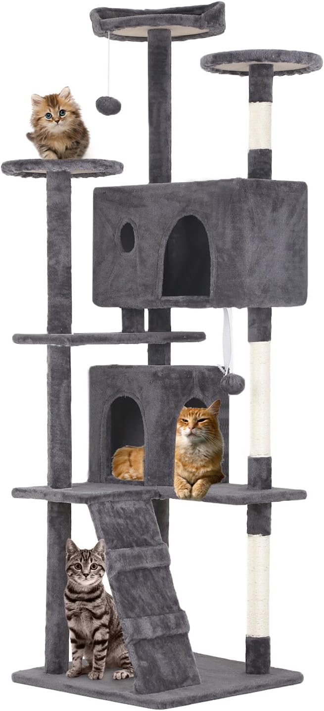 70" Light Gray XL Cat Tower for Indoor Cats – Multi-Level Condo with Scratching Posts & Hanging Toys
