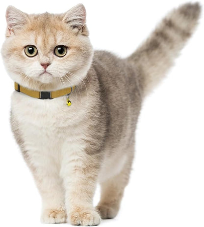 Breakaway Cat Collar Leather with Removable Bell - 13 Colors Available - Soft Adjustable Girl Boy Safety Lightweight Pet Kitten Collars Pink Brown Blue Green Red Orange Black (Mustard)