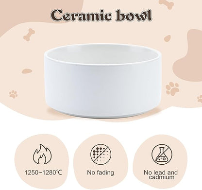 SPUNKYJUNKY Raised Ceramic Dog Bowls Set with Non-Slip Acacia Wood Stand for Large Sized Dog(60.87 OZ, White)