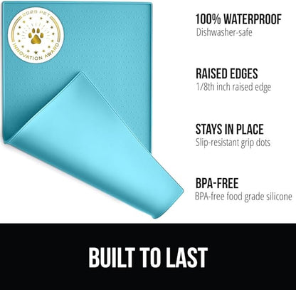GORILLA GRIP 100% Waterproof Raised Edge BPA Free Silicone Pet Feeding Mat, Dog Cat Food Mats Contain Spills Protects Floors, Placemats for Cats and Dogs Water Bowl, Pets Accessories 16x10, Turquoise