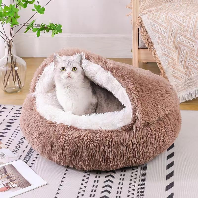 Round Fluffy Hooded Cat Bed Cave, Anti-Anxiety Cave Bed