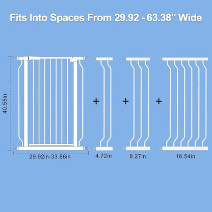 WAOWAO Extra Tall 40.55" Baby Gate 29.92-63.38" Wide Pressure Mounted Walk Through Swing Auto Close Safety White Metal Toddler Child Dog Pet for Indoor Stairs,Doorways,Kitche