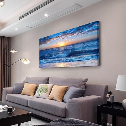 Lapremoly Framed Canvas Wall Art - Large Blue Ocean Beach Wall Painting for Living Room, Bedroom & Office - 24" x 48"