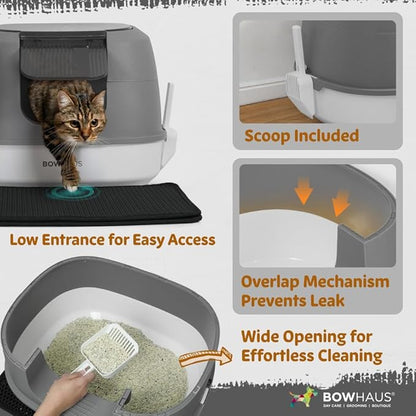 Detachable Cat Litter Box with Lid, 3-in-1 Cat Toilet of Cats, Large Space Anti-Leakage Gato Litter Box with Scoop, Mat & Odor Fitter, Beige/Pink
