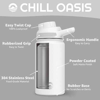 Chill Oasis Water Bottle | Compatible With Popular Flavor Cartridges | BPA Free, Leak Proof, Double-Walled Vacuum Insulated Stainless Steel, and Dishwasher Safe | Cold for 24 Hours (White, 12oz)