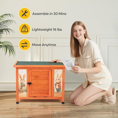 COZIWOW 24in Wooden Cat House Outdoor & Indoor Pet Shelter with Foldable Ramp - Weatherproof Rabbit Hutch with Unique Machine-Printed Art Designs for Cat, Rabbit, Guinea Pig (Orange)