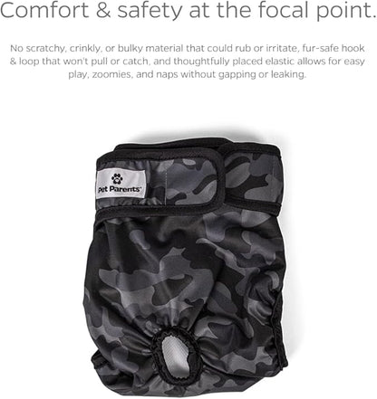 Pet Parents® Washable Dog Diapers (3pack) + Extendrs® of Durable Doggie Diapers, Premium Dog Diapers Female & Male (Small, Camo)