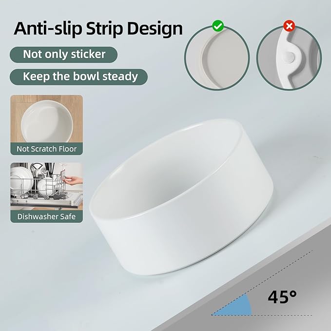 Ceramic Elevated Dog Bowl Set - Large Breed Dog Food and Water Bowl, Weighted Dishes (8.2'', 60OZ, White)