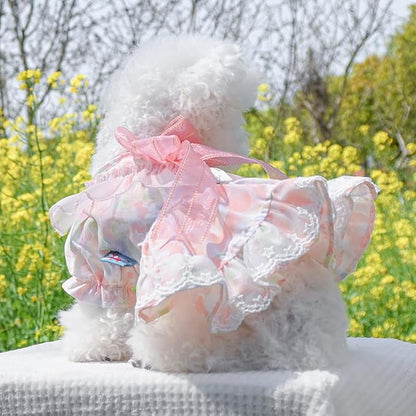 Pink Dog Dress for Small Dog Girl Spring Puppy Clothes with Bow Puff Sleeves Cat Outfit Doggy Princess with Leash Ring Doggies Harness Dress Summer Pet Apparel (Pink, X-Large)