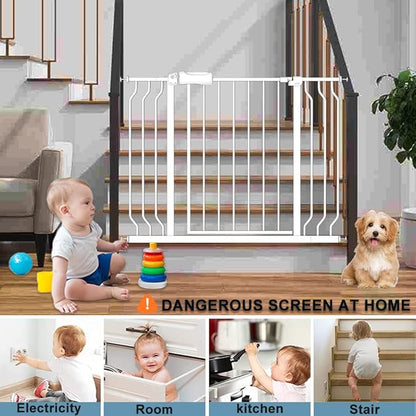 Safety Baby Gates for Doorway Stairs 43.5-48 Inch Extra Wide Child Gate for Kid Pet Dog Gate Indoor Pressure Mounted No Drill Baby Gate White