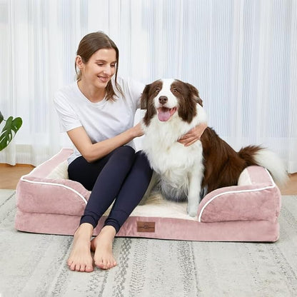 Comfort Expression Waterproof Orthopedic Dog Beds Jumbo Breed, Extra Large Dog Beds, PV Washable Pet Sofa Couch with Removable Cover & Non-Slip Bottom(Pink)