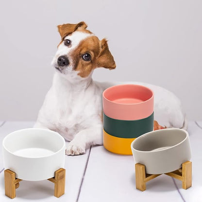 SPUNKYJUNKY 15° Slanted Ceramic Dog and Cat Bowl with Wooden Stand, Tilted Bulldog Food and Water Bowl No Slip Non-Spill for Cats Medium Dogs Big Face Pets 28.7 OZ (3.6 Cups, Light Green)