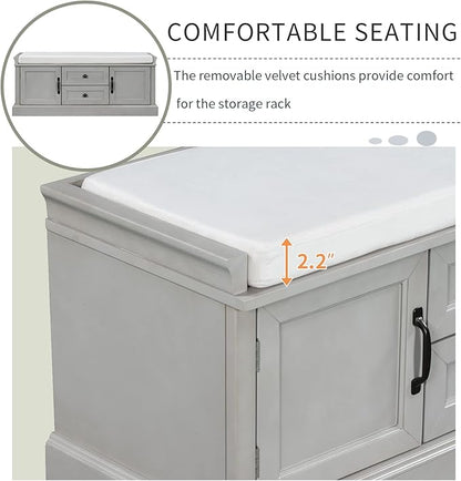 Shoe Storage Bench with 2 Drawers and 2 Cabinets, Pine Wood Shoe Bench with Removable Cushion for Living Room, Entryway 42.5" L x 15.9" W x 17.5" H (Gray Wash)