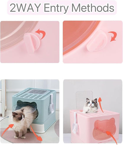 Top Entry Cat Litter Box with Lid, Anti-Splash Foldable Cat Litter Box with Activated Carbon Keeping Air Fresh, Drawer Type Easy to Clean, Large (Grey)