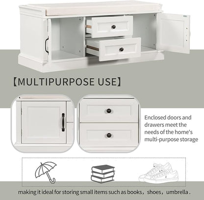 Storage Bench with 2 Drawers and 2 Cabinets, Pine Wood Shoe Bench with Removable Cushion for Living Room, Entryway 42.5" L x 15.9" W x 17.5" H (White)
