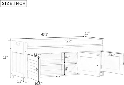 Storage Bench with 3 Shutter-Shaped Doors, Pine Wood Shoe Bench with Removable Cushion and Hidden Storage Space for Living Room, Entryway 43.5" L x 16" W x 18" H (White)