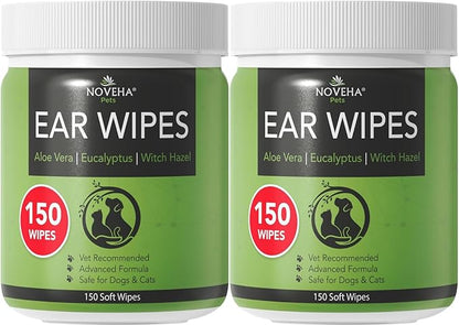 NOVEHA - Dog Ear Cleaner Wipes, Daily Ear Cleaner for Dogs & Cats - Stop Ear Itching with Aloe, Eucalyptus & Witch Hazel Ear Wipes for Dogs - for Odor Control, Dirt and Wax Removal, Unscented (300 Ct)
