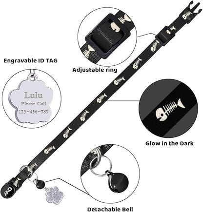Personalized Breakaway Cat Collars Glow-in-The-Dark with ID Tag, Bell - Safety Quick - Release, Customizable for Female Male Kittens & Cats (Black)