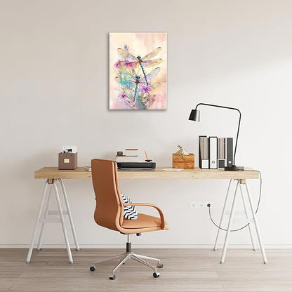 Dragonfly Bathroom Pictures Wall Art, Floral Bathroom Wall Decor, Framed Painting Canvas Artwork for Bedroom Living Room Decorations 20"L x 16"W