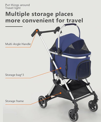 Pet Stroller with 4 Wheels for Small/Medium Pets, 3 in 1 Travel Foldable Detachable Carrier for Dog Cat Cage Jogger Stroller, Rear Wheel Breaks, Storage Basket, Car Seat (Navy Blue)