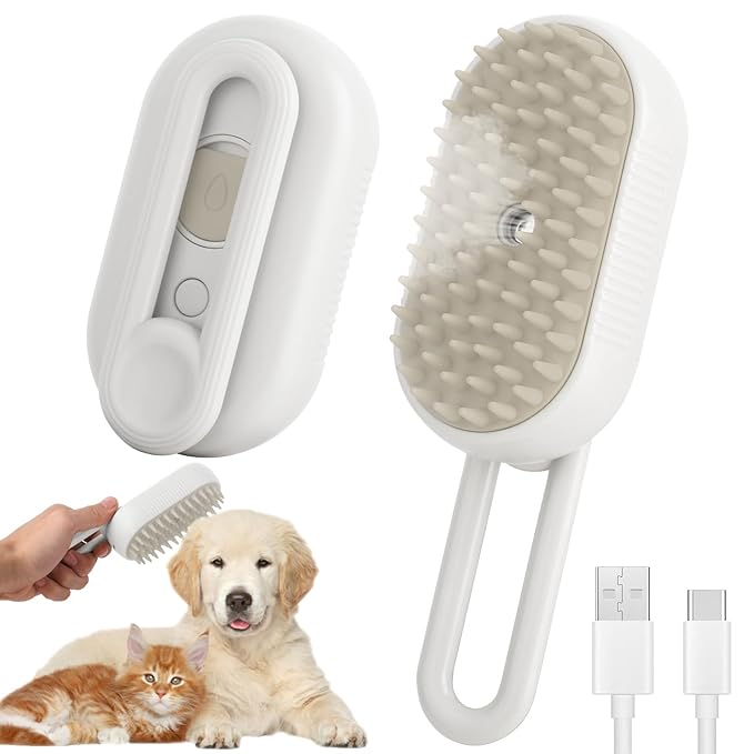 4 in 1 Cat Steam Brush for Shedding, Cleaning, Massage & Smooth, USB Rechargeable Pet Spray Hair Removal Comb, for Indoor Long/Short Haired Cats & Dogs (White)