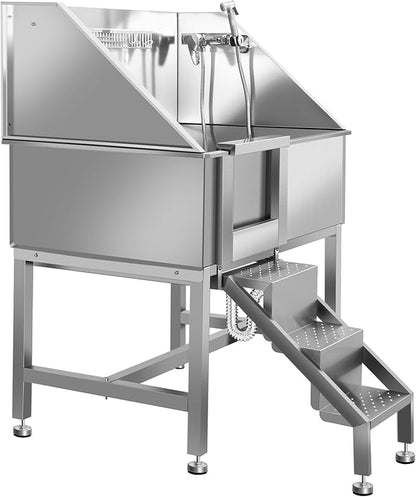 38" Pet Dog Bathing Station W/Stairs, Professional Stainless Steel Dog Grooming Tub W/Soap Box, Faucet,Rich Accessory, Dog Bathtub for Large,Medium,Small Pets, Washing Sink for Home,L-RAMP