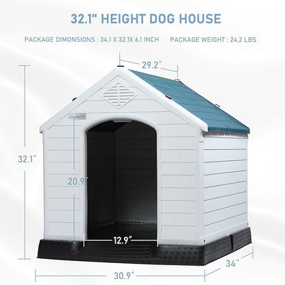 LEMBERI Durable Waterproof Plastic Dog House for Small to Large Sized Dogs, Indoor Outdoor Doghouse Insulated Puppy Shelter with Elevated Floor, Easy to Assemble (Blue, 34''L*31''W*32''H)