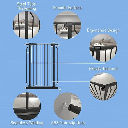 WAOWAO Extra Tall 40.55" Baby Gate 57.48-74.4" Wide Pressure Mounted Walk Through Swing Auto Close Safety Black Metal Toddler Child Dog Pet for Indoor Stairs,Doorways