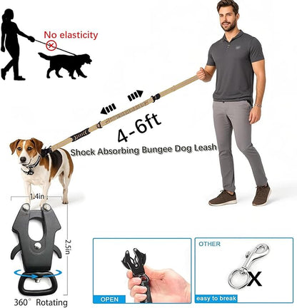 Heavy Duty Tactical Bungee Dog Leash, 4-6FT Shock Absorbing Tactical Leash with 2 Padded Handles, Metal Carabiner Clip,Car Seatbelt, Reflective Dog Leashes for Medium Large Dogs (Brown)