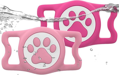 IP68 Waterpoof Dog Airtag Holder, Stretchy Silicone Full Body Covered Apple Air Tag Holder for Dog Cat Collar Fit All Width Collar (Pink/Rose, 2 Pack)