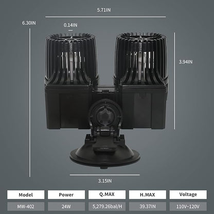 UPETTOOLS 6340 GPH Submersible Aquarium Circulation Pump - Adjustable 360° Wave Maker Powerhead for Fish Tanks - High Power Water Pump for Optimal Water Flow 24W（120-200Gallon）