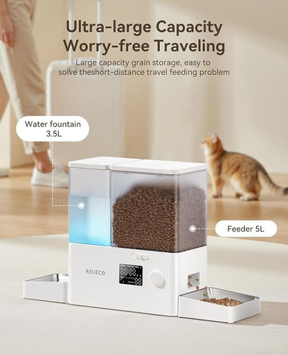 Rojeco 36Cups/8.5L Pet Automatic Cat Feeder and Gravity Water Dispenser,Stainless Steel Bowls 2-in-1 Set Large Capacity 5L Food Feeder and 3.5L Water Fountain for Cats,Pets,Small Dogs,Puppies,Kittens