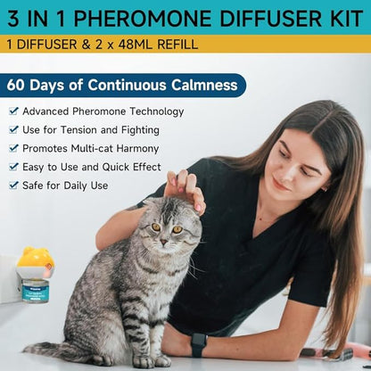 Cat Calming Diffuser - Cat Pheromones Calming Diffuser for Cat Anxiety Relief 3-in-1 Cat Pheromone Diffuser Kit with 1 Diffuser + 2 Refill 48ml Vial - 60 Days Pheromone Diffuser to Calm Cats