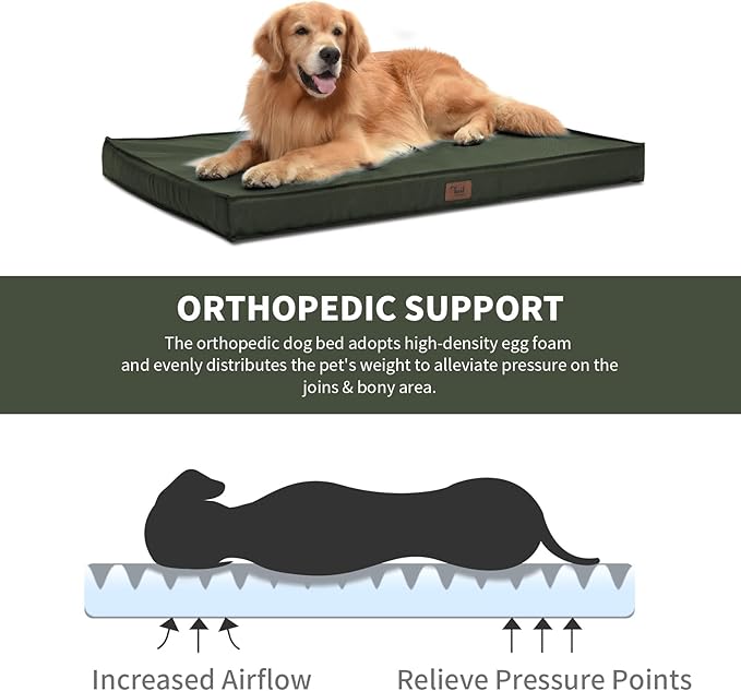 Outdoor Dog Bed for Small Dogs, Waterproof Dog Crate Bed for Small Dogs, Orthopedic Egg Crate Foam Puppy Beds with Washable and Removable Oxford Cover, Dark Green