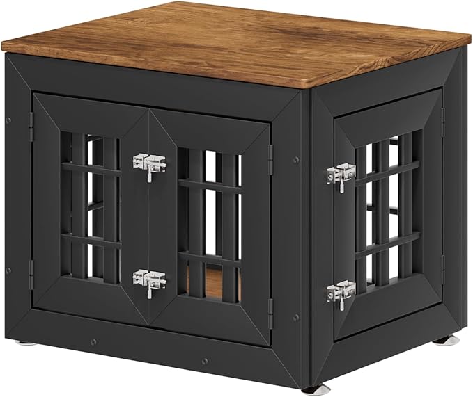 26" Heavy Duty Dog Crate Furniture for Small,Medium and Large Dogs,Rustic Wooden Dog Cage Kennel Indoor Furniture with Waterproof Top,Decorative Pet House Side End Table (Black & Wood)