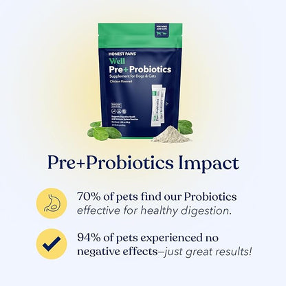 Honest Paws Probiotics for Dogs - Digestive & Immune Support Powder with Prebiotic Made in The USA, Chicken Flavor (30 Sticks)