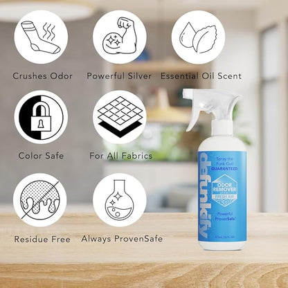 Odor Remover Spray, 16oz (2-Pack). 'Fresh Air' Essential Oil Odor Eliminator for Strong Odors on Fabric, Shoes, Activewear. 'ProvenSafe' Deodorizer for Pets, Kids & Sensitive Gear w/Ionic Silver