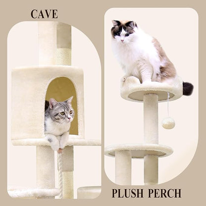 Globlazer Artistic Curved Cat Tower for Small Cats (Under 12 lbs), 81-inch Slim Design Cat Tree with Space-Saving Design, Indoor Cat Condo with Hammock & Tunnel, C81, Beige, Non-Large Cats