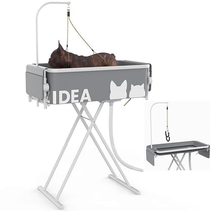 PAWZIDEA 2-in-1 Portable Dog Bathtub & Grooming Table, 33" Foldable Pet Washing Station for Small Medium Dogs Cats, Elevated Tubs for Bathing Shower Indoor Outdoor, 5 Height Adjustable, Storage Pocket