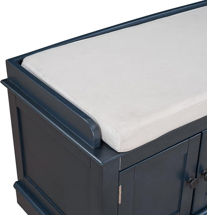 Storage Bench with 4 Doors and Adjustable Shelves, Shoe Bench with Removable Cushion for Living Room, Entryway 42.7" L x 16" W x 17.4" H (Antique Navy)