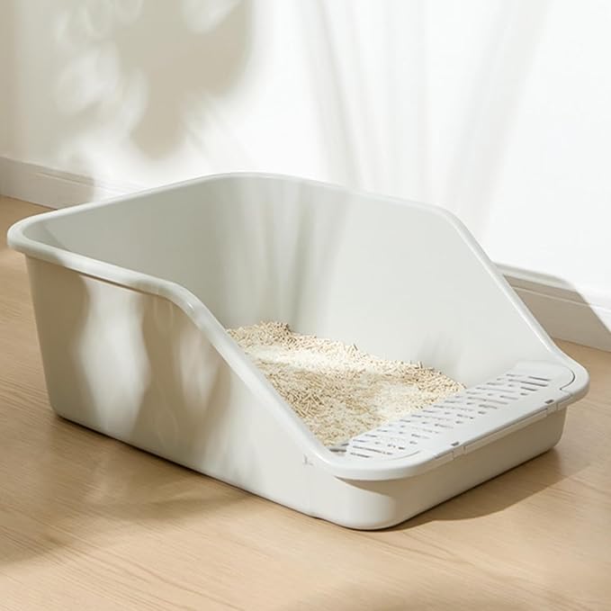 SpaceTime Large Cat Litter Box with High Sides,Cat Boxes for Indoor Cats,Cat Litter Pan for Kitty,Litter Box with Low Entry,Easy to Clean,Anti-Splashing(Grey)