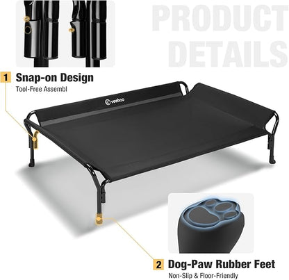 Veehoo Cooling Elevated Dog Bed, Raised Pet Cot with Guardrail & Slope Headrest, Durable & Breathable Teslin Mesh, Non-Slip Feet, Washable Dog Sofa Bed for Indoor & Outdoor, Large 47" x 32", Black