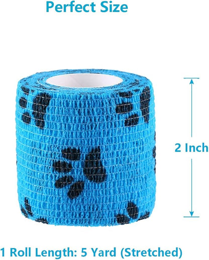WePet Pet Wrap, Self-Adhesive, Only Sticks to Itself, Non-Woven Tape for Dog Legs, Paws, Wounds, First Aid Cohesive Gauze for Horse, Cat, Bird, Animal, 6 Rolls, 2 Inch, Pawprints A