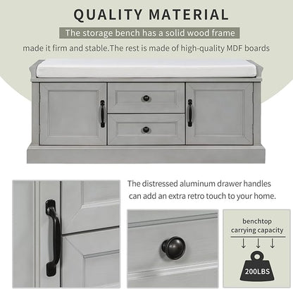 Shoe Storage Bench with 2 Drawers and 2 Cabinets, Pine Wood Shoe Bench with Removable Cushion for Living Room, Entryway 42.5" L x 15.9" W x 17.5" H (Gray Wash)