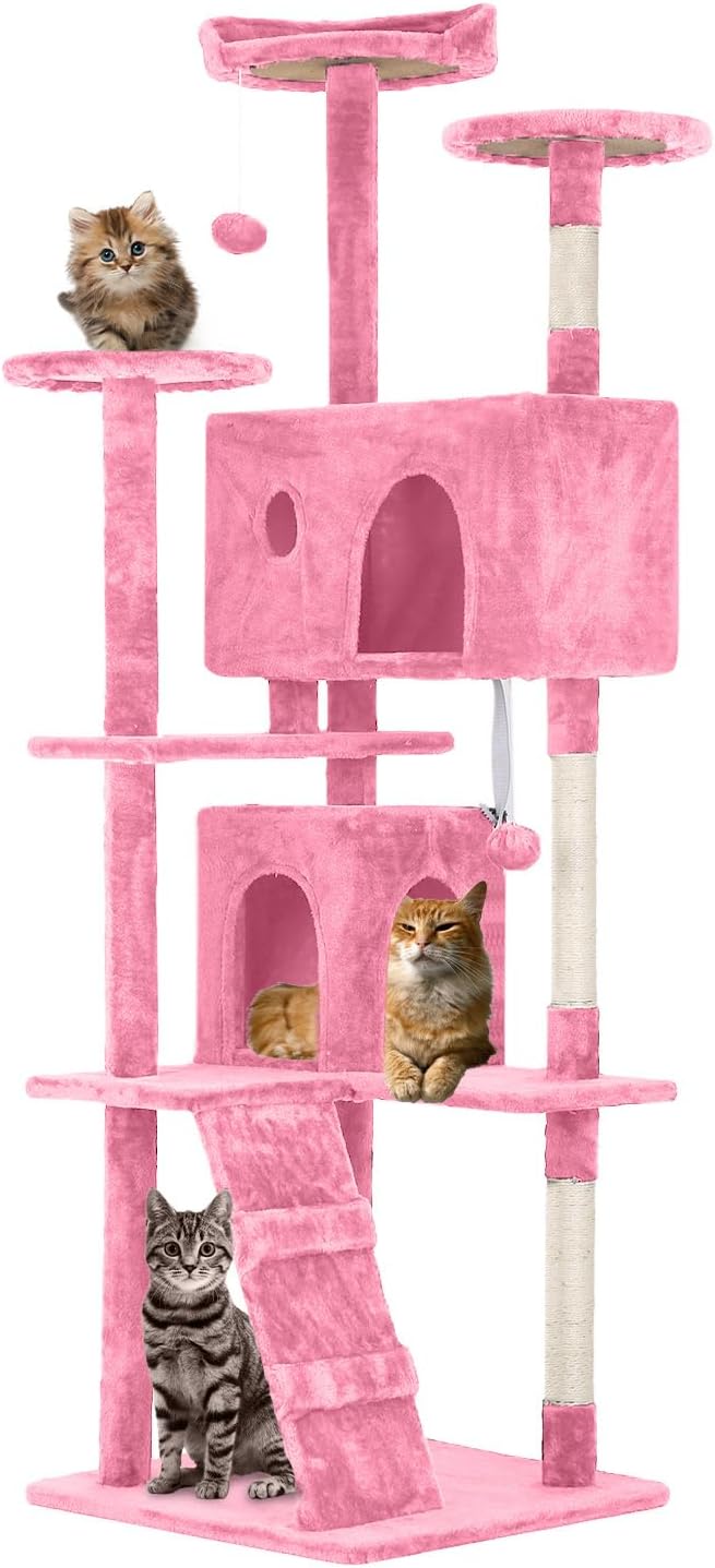 70" Pink XL Cat Tower for Indoor Cats – Multi-Level Condo with Scratching Posts & Hanging Toys