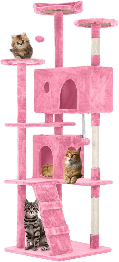 70" Pink XL Cat Tower for Indoor Cats – Multi-Level Condo with Scratching Posts & Hanging Toys