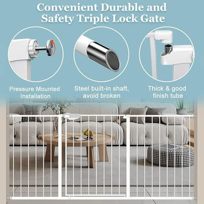 WAOWAO Triple Lock 49.21-66.54" Baby Gate Extra Wide Pressure Mounted Walk Through Swing Auto Close Safety White Metal Dog Pet Puppy for Stairs,Doorways,Kitchen